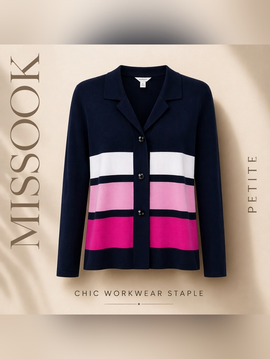 Misook Sweaters - Missook Petite Colorblock Cardigan Black Pink White Button Front Knit Top Sz SP